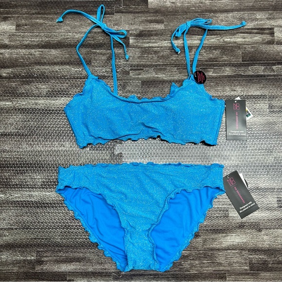 NWT Junior’s Size Large No Boundaries Two Piece Bikini Set in Blue Lurex - Picture 4 of 15